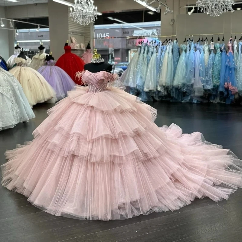 

Pink Charro Off The Shoulder Quinceanera Dresses Ball Gown Beads Tulle Ruffled Puffy Mexican Sweet 16 Dresses Vestidos De 15Años