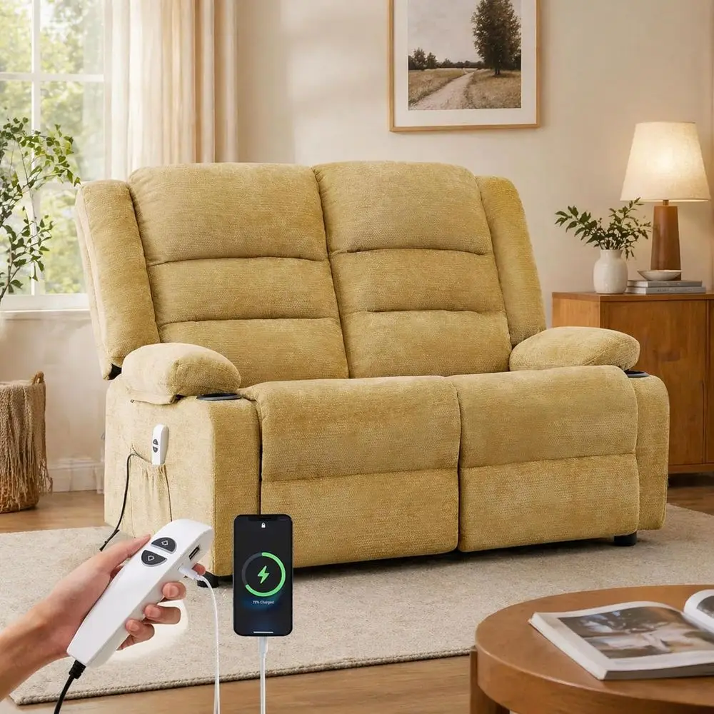 

52 Inch Adjustable Power Reclining Loveseat Sofa with Charging Ports, Yellow