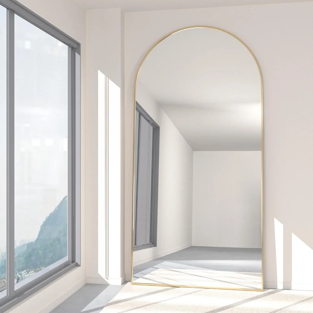 Espelho curvo dourado de comprimento total 193x86 cm, montagem no chão ou na parede, espelho inclinado elegante para beleza e decoração de casa