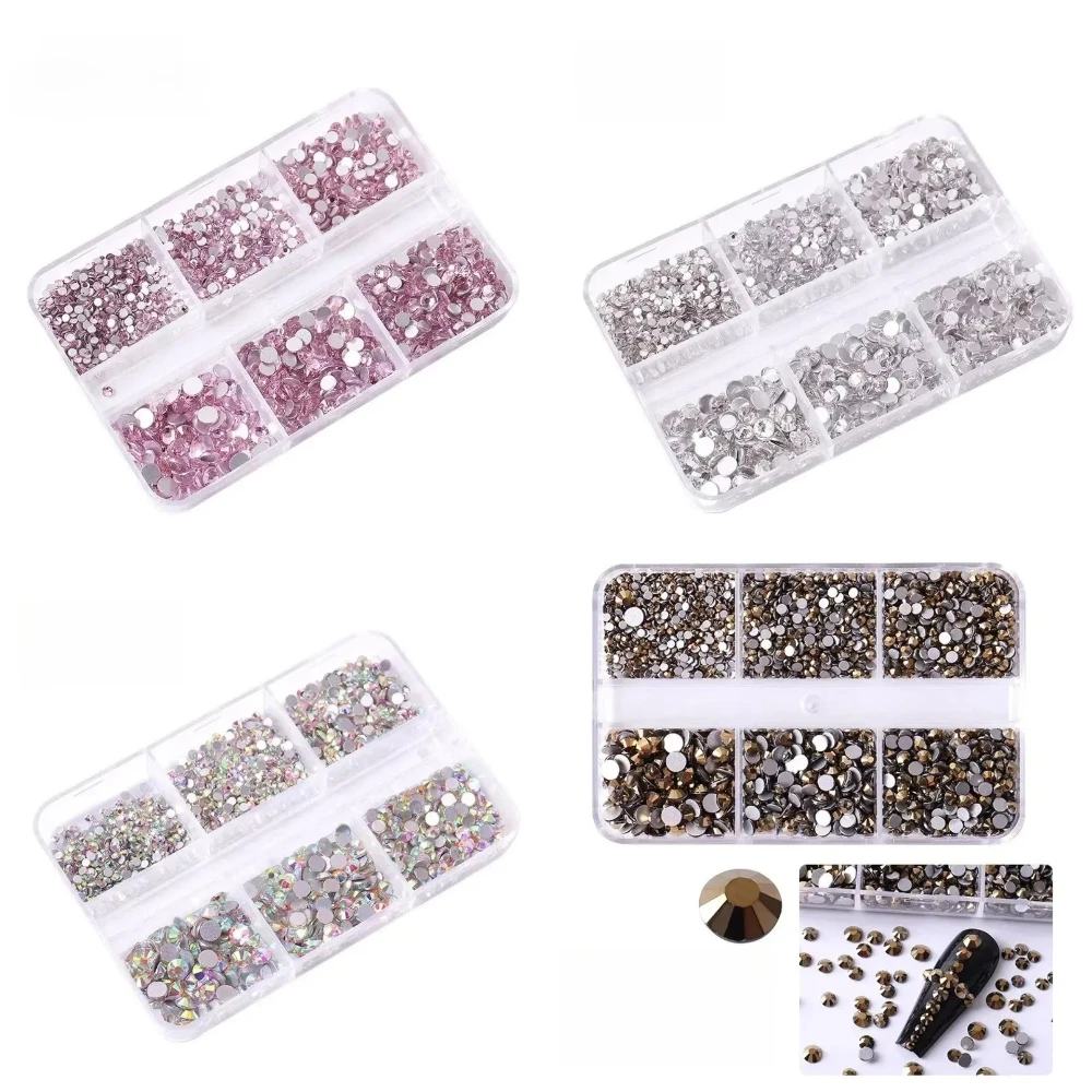 6grids 2-6mm Mixed Size Pink Bronze Silver Flatback Rhinestones Gems Flashing Diamonds 3D Nail Art Decorations Crystals