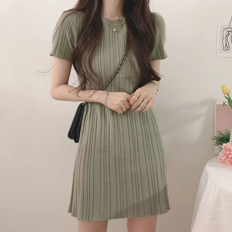 Summer Korean O-Neck Mini Dress Female Clothing All-match Solid Color Short Sleeve Casual A-Line Waist Elegant Folds Dresses New