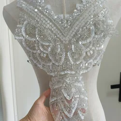 1 Pcs Heavy beading Butterfly lace applique with sequins V shape Silver Sequin Patch for Party Dress Dance Costume Pageant Gown