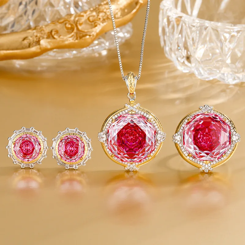 

Vintage Pink Crystal Jewelry Octagon Cut Stone Adjustable Ring Necklace Stud Earrings for Women Luxury Statement Party Gift