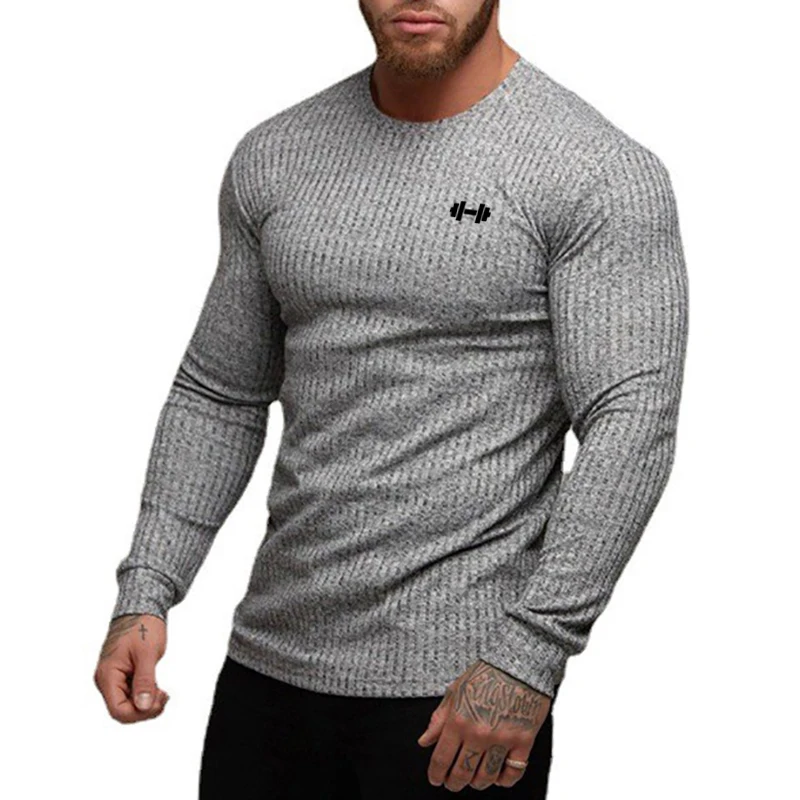 Prendas de punto ajustadas a rayas con cuello redondo para hombre, jersey ajustado para culturismo y Fitness, estampado gris, ropa informal para hombre musculoso para Otoño e Invierno