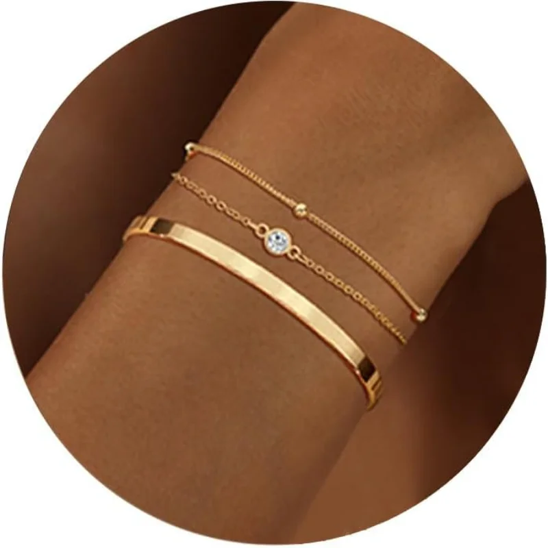 14K banhado a ouro inoxidável impermeável pulseira conjuntos para mulheres, corrente de cobra, cubano link, bracelete, pulseiras empilháveis para meninas, 3pcs