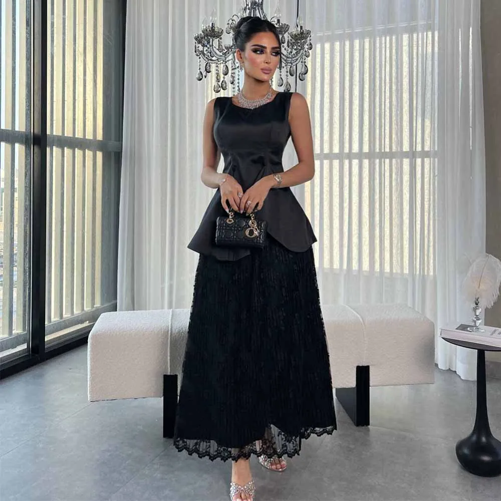 

Classy Prom Dresses for Ladies Satin A-line Cocktail Party Gown Black Lace O-Neck Criss-Cross Celebrity Dress Midi 2025