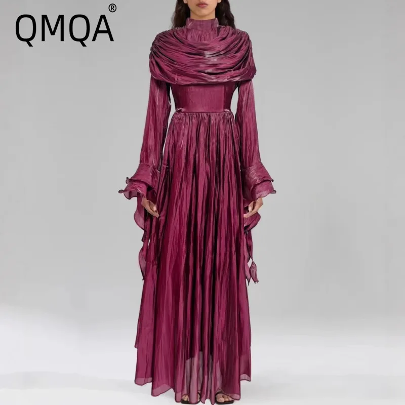 QMQA Fashion Women's Elegant Evening Dress Stand Collar Ruffle Long Sleeve Ruched Waist Flared Dresses 2026 Spring New QM942