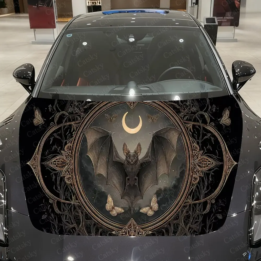 Moon Ring Bat with Gilded Butterflies Car Vinyl Wrap, PVC Waterproof Car Hood Sticker, Self-Adhesive Scratch-Resistant Stickers