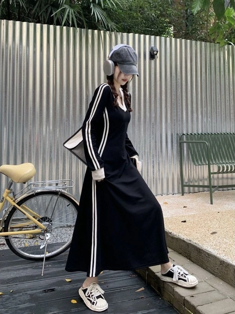 Women's French Elegant Color Block Long Dress 2026 Autumn Long Sleeve Hepburn Inspired Waist Defined Flattering Office Casual