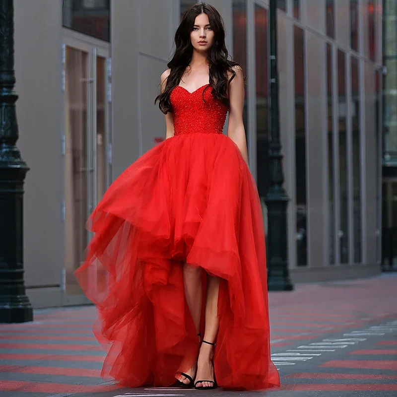 Short Front Long Back Red Prom Dresses Women Formal Party Vestidos De Gala Simple Sweetheart Beaded Tulle Red Evening Gowns