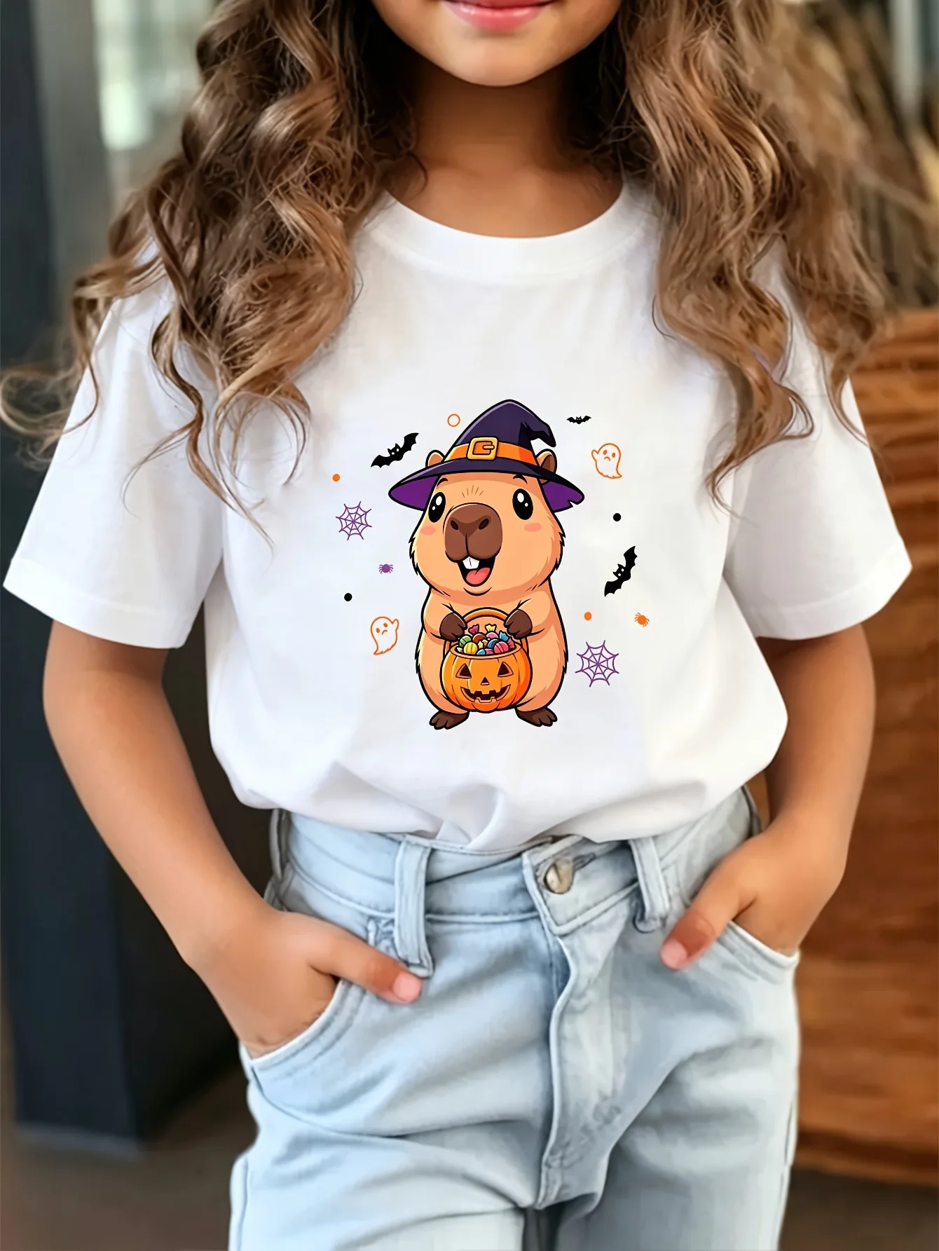 Kids Halloween Capybara Witch Hat Pumpkin Graphic Tee Boys Girls Family Matching Short Sleeve Spooky Cute Everyday T Shirt