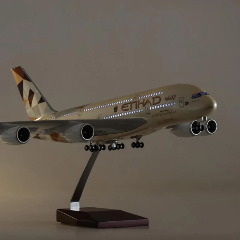 ETIHAD-Diecast Resina Modelo Airline Plástico com Luz e Roda, A380 Avião Coleção, Presentes Display, 1: 160 Escala