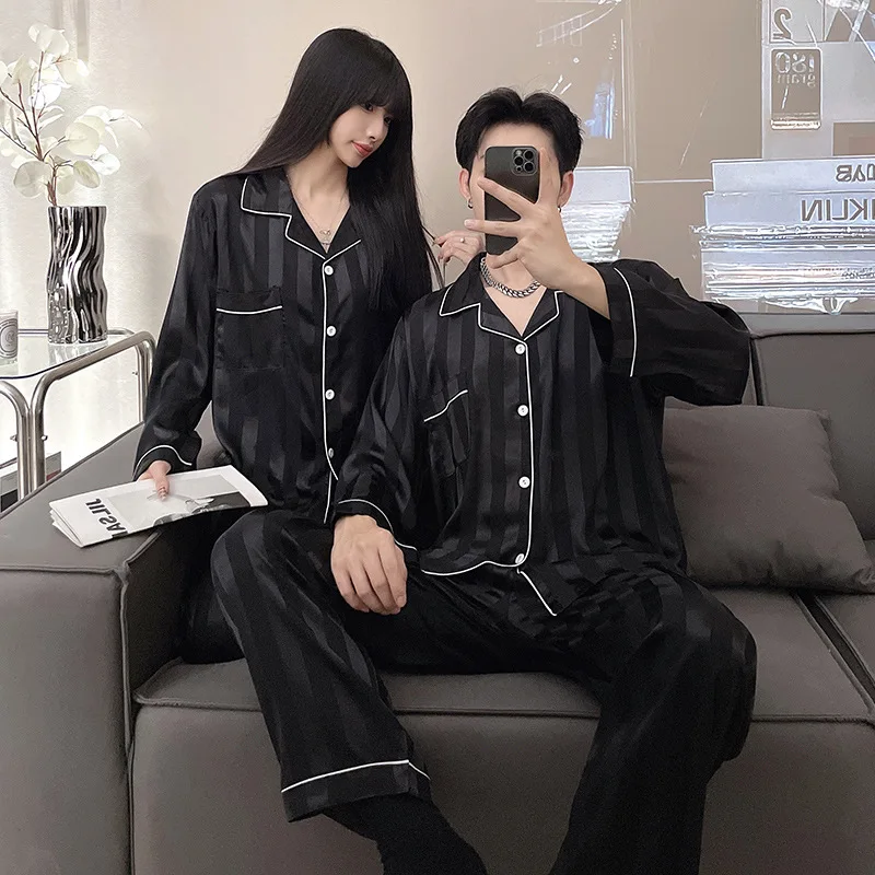 Couple Pajamas Sets Striped Print Pijama Faux Silk Satin Lapel Pyjama Female Sleepwear Long Sleeve Shirt Pants Suits Homewear