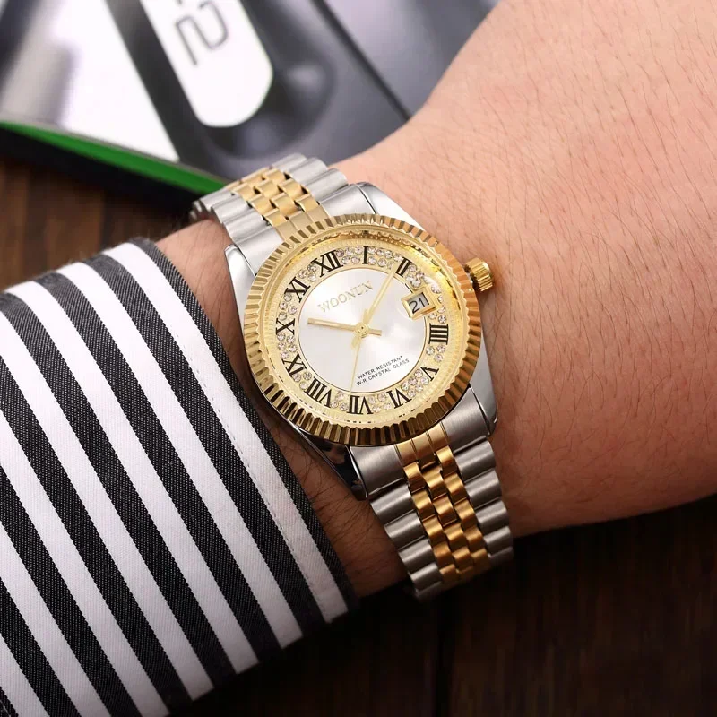 Montre Homme Luxury Ice Out Diamond Watch Men Gold Watches Fashion Business Stainless Steel Band Quartz Wristwatches Men