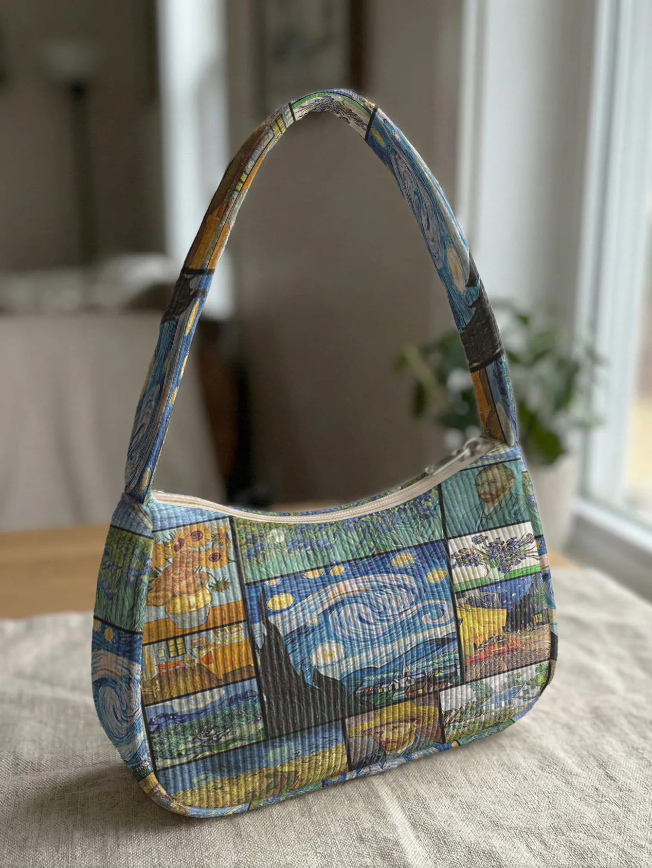 Trendy Van Gogh Art Print Shoulder Bag, Corduroy Underarm Bag for Daily Casual Use
