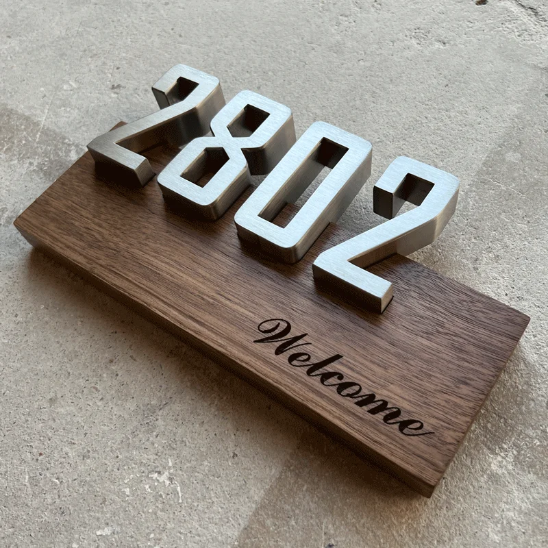 

Designer black walnut solid wood with stainless steel three-dimensional word house number customized solid wood 3d house number