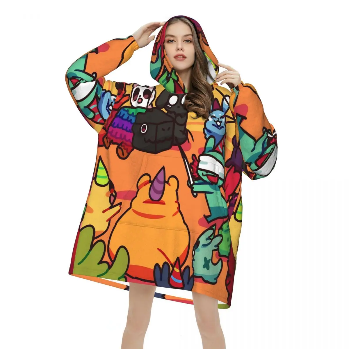 Rain World Slugcat Birthday Party Celebration Wearable Blanket Hoodie for Women Men Oversized Sweatshirt Blanket with Pocket