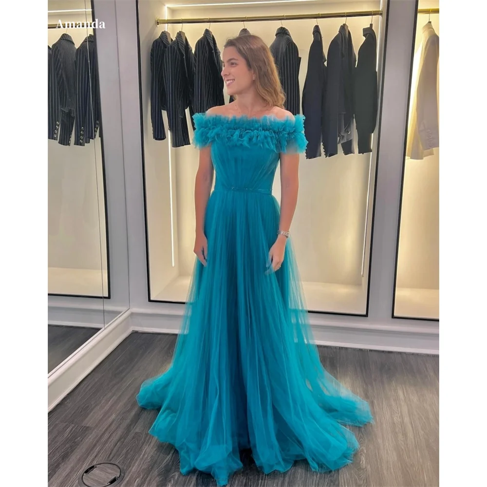 

Amanda Customized Blue Off Shoulder Pleated Prom Dresses Elegant Sleeveless vestidos de noche Floor-Length Formal Evening 2025