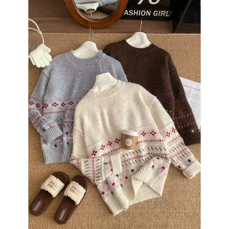 Sweet Casual Floral Striped O-neck Sweater Soft Loose Knitted Pullover Versatile Knitwear Top New Fashion Women's Autumn Clothes