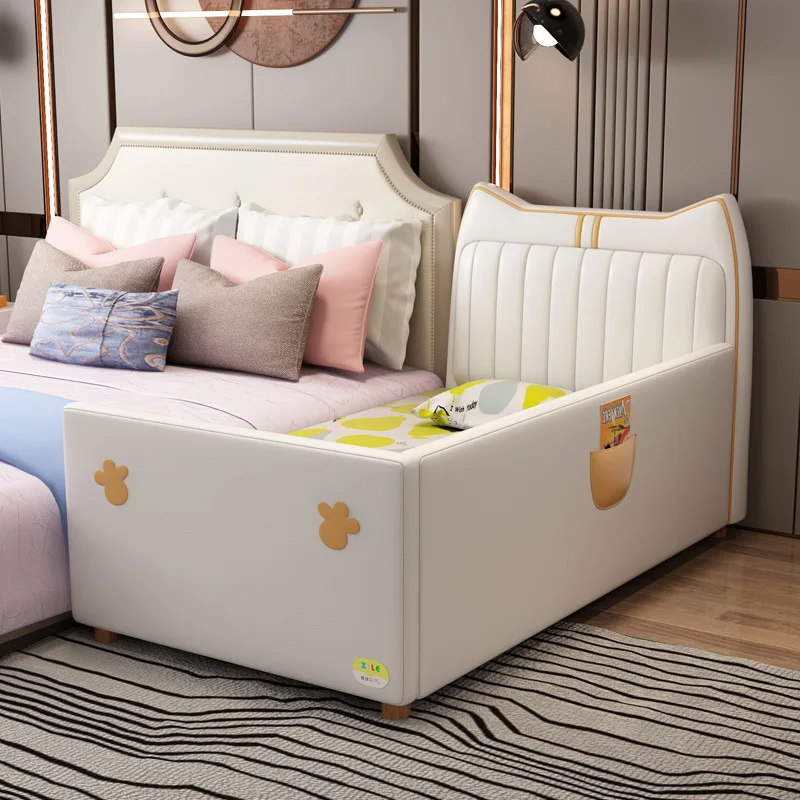 Light Luxury Solid Wood Children's Furniture Splicing Wide Side Bed With Guardrail Step Boys Girls Princess Sofa Single Kids Bed