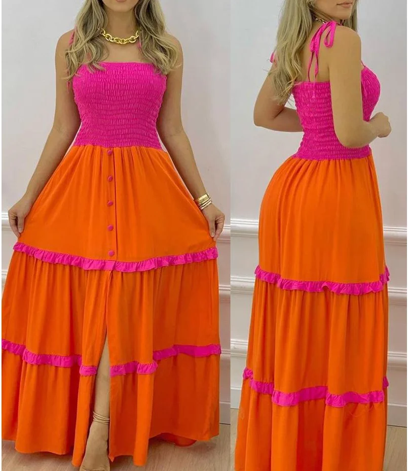 Summer Women's Fashionable Casual Maxi Dress Smocked Bust Sling Design with Tiered Ruffle Trim Sling Long Dress ﻿