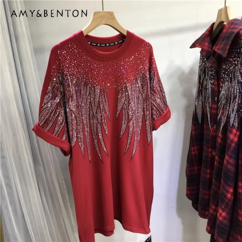 

Heavy Industry Front And Back Rhinestone T-shirt Women's Brushed Red Thickened Wings O-Neck Short Sleeved Loose Mid-Length Tees