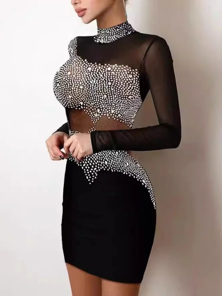 Robe de soirée élégante à paillettes pour femmes, coupe couvertes, manches longues patchwork, robe creuse, sexy, été