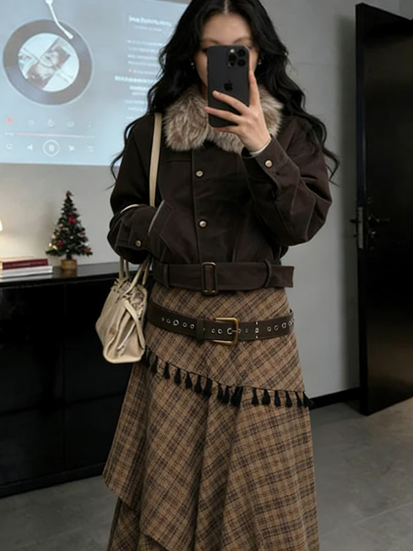 

Женская юбка миди А-силуэта с высокой талией, в клетку, асимметричного кроя, повседневная, кофейного цвета, для женщин