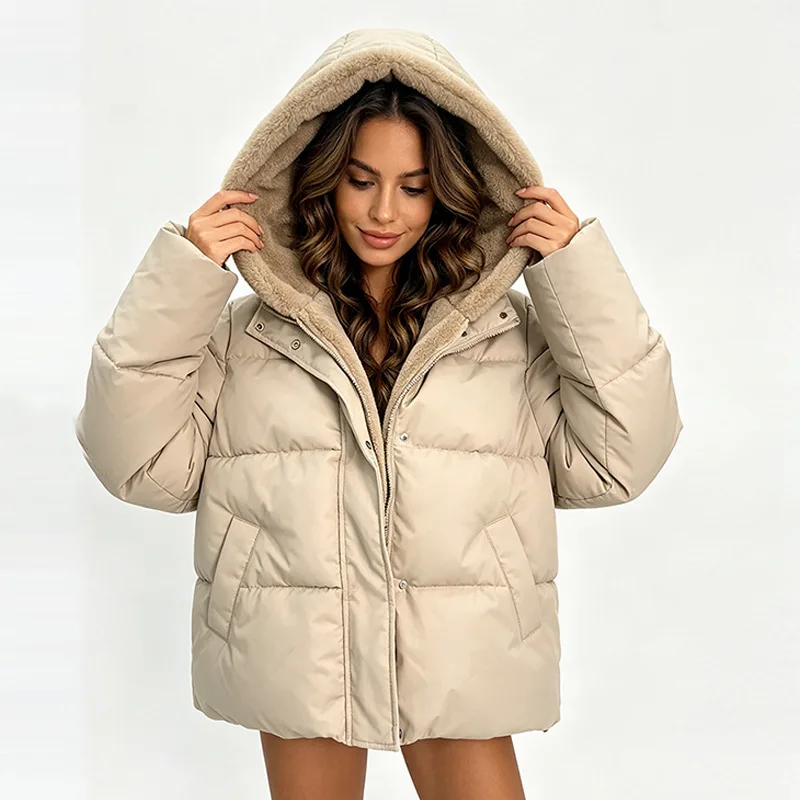 Women's Winter Down Jacket Thick Hooded Loose Fit Long Sleeve Zipper Pocket Short Parka for Winter Female Women Solid Color