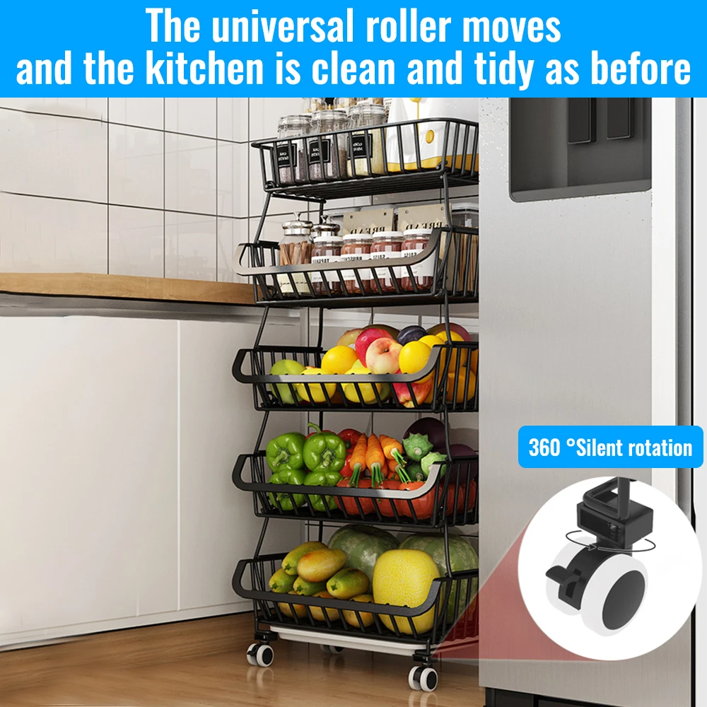 5-Tier Kitchen Carts on Wheels Metal Fruit Vegetable Storage Basket with Mesh Baskets for Kitchen Bathroom Living Room Office