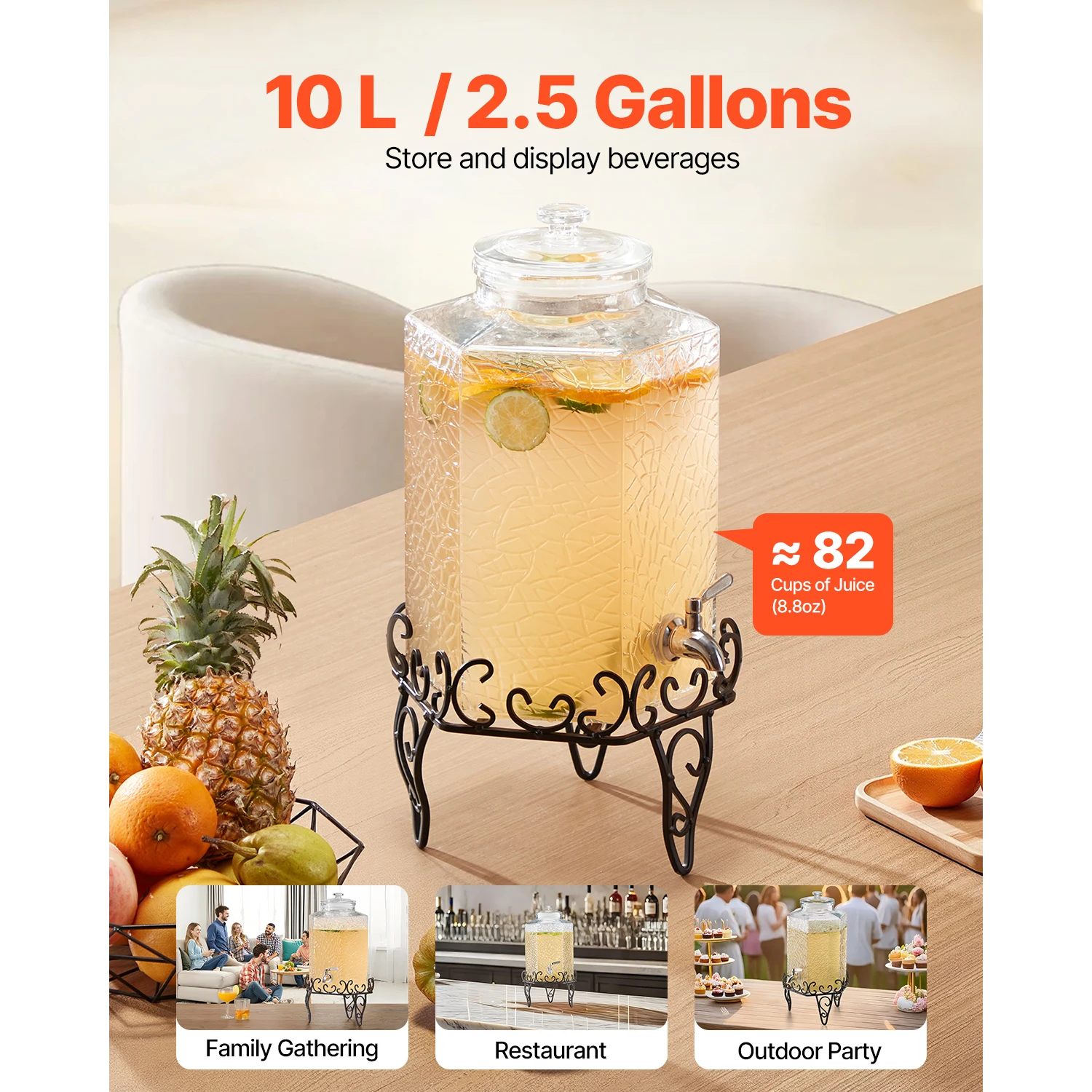 SucceBuy Beverage Dispenser 2.5Gallon Drink Dispensers Glass Juice Dispenser with Metal Stand Stainless Steel Spigot for Parties