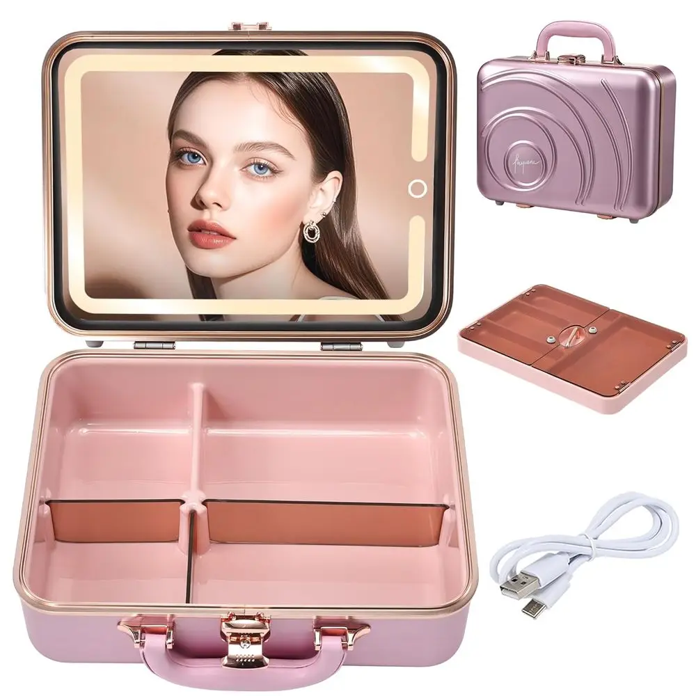 

Travel Makeup Case with LED Lighted Mirror 12 Inch Portable Makeup Box Organizer Adjustable Brightness in 3 Colors Cosme