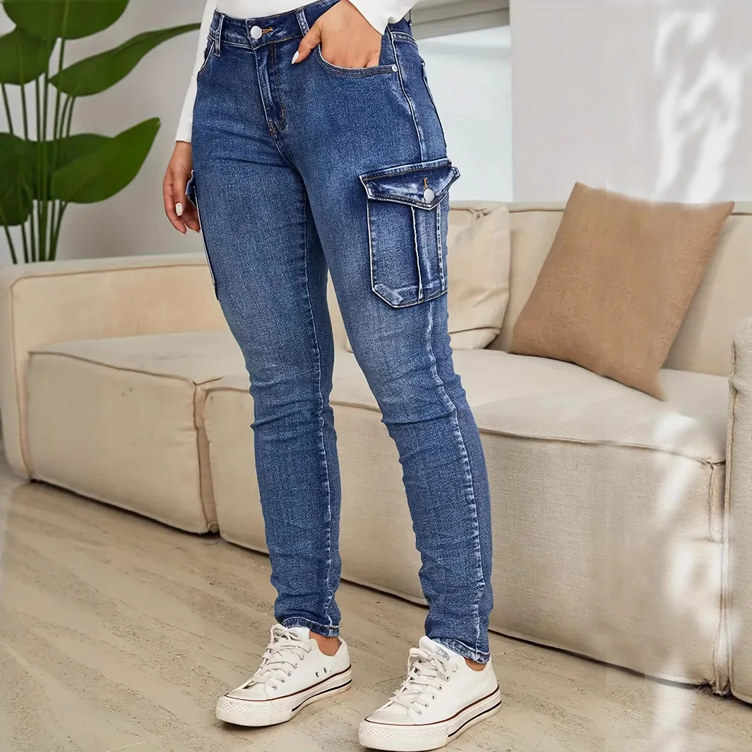 Blue Slim-Fit Vintage Pencil Jeans, Women's 2026 All-Season Low-Rise High-Stretchy Fashionable Multi-Pocket Casual Skinny Jeans