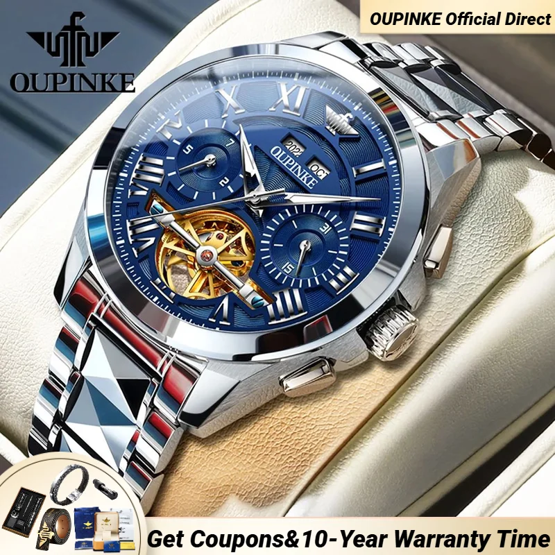 OUPINKE-ساعات يد ميكانيكية رومانية للرجال ، عرض تقويم مزدوج ، متعددة الوظائف ، حزام فولاذ التنغستن ، ذكر