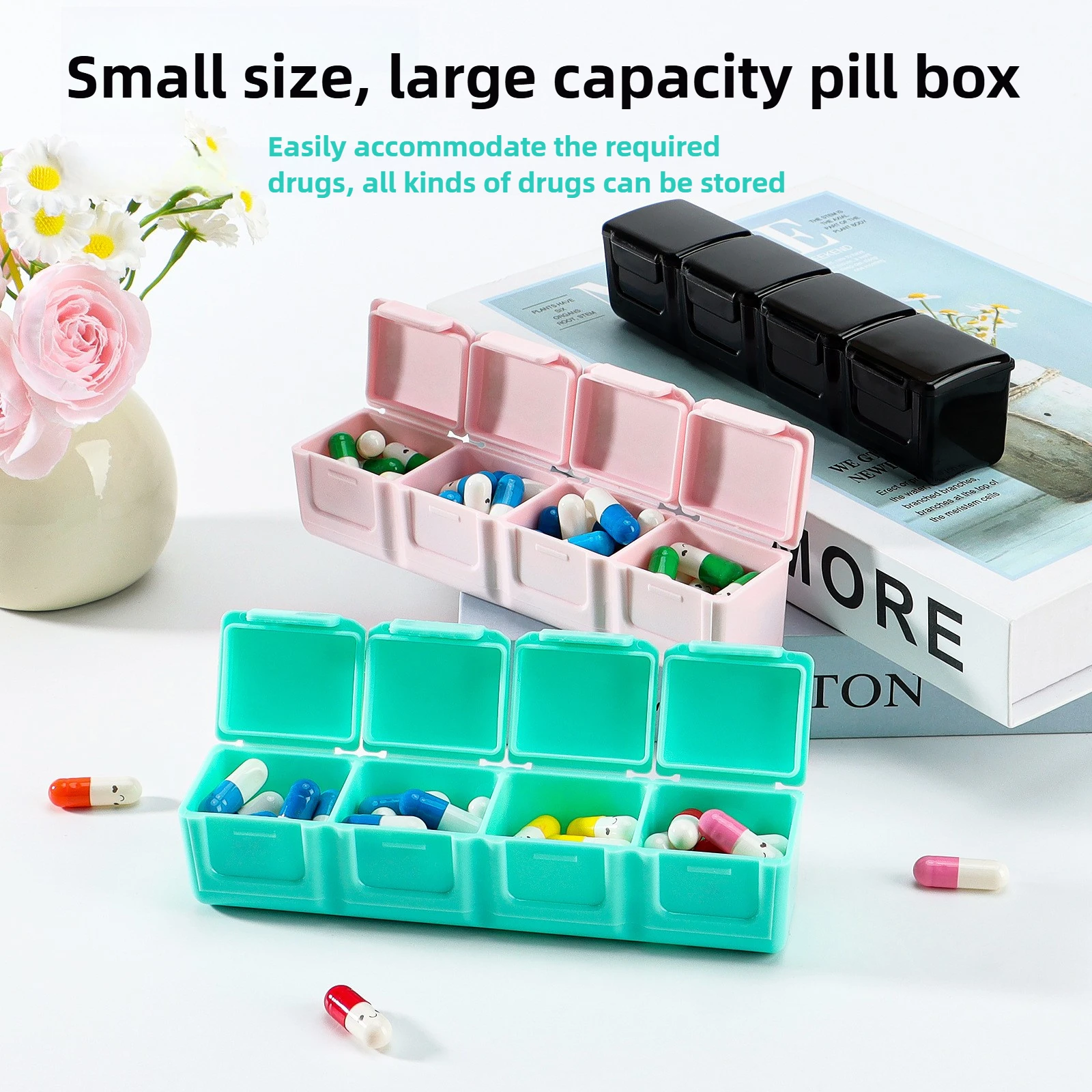 

Portable Small Pill Case Organizer Container Storage Box Tablets 4Grids Drug Pill Organizers Travel Fish Oils Medicine Splitter