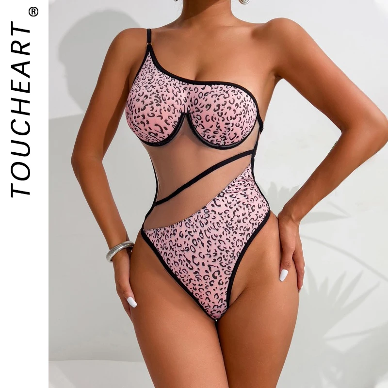 

Toucheart Sexy Lingerie Suit for Women Fashionable Leopard Print Mesh Connection Splicing Perspective Mesh Body Shaping Jumpsuit