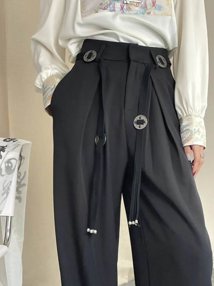 Plus Size High Waist Suit Wide Leg Pants Women's Spring Summer New Black With Belt Drawstring Slimming Casual Commute Trouser