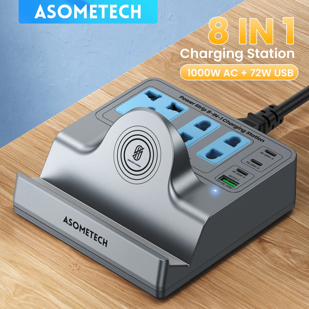 ASOMETCH Szybka ładowarka USB C 8 w 1 Listwa zasilająca z 3 wyjściami AC USB typu C PD Szybka ładowarka do MacBooka iPhone 15 Samsung 23