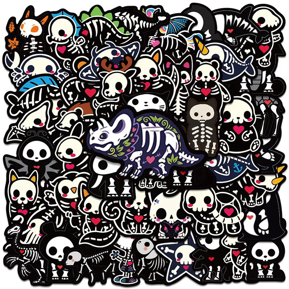 cartoon animais adesivos esqueleto cranio horror garrafa de agua adesivo bagagem laptop guitarra decalques de vinil bonito 50 pcs preto e branco 01