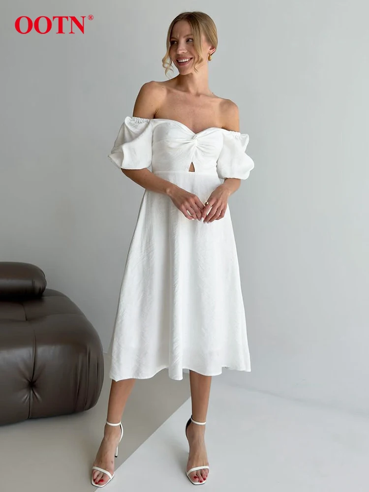 OOTN Fashion Rhched White Dress Women 2024 Elegant Puff Sleeve Slim A-Line Long Dresses Summer Backless Party Midi Dress Female