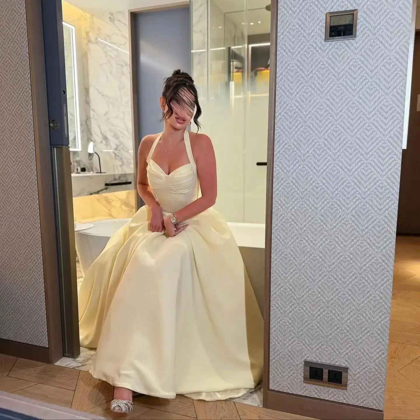 

Enchant customized Prom Dress Sheath Muslim Evening GownsFloor Length Floor Train Robe De Soiree Yellow Stain Formal Party Gown