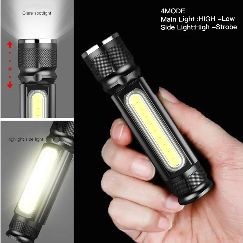 USB Rechargeable Multifunctional LED Flashlight Built-in battery Powerful T6 torch Side COB Light  tail magnet Work Light