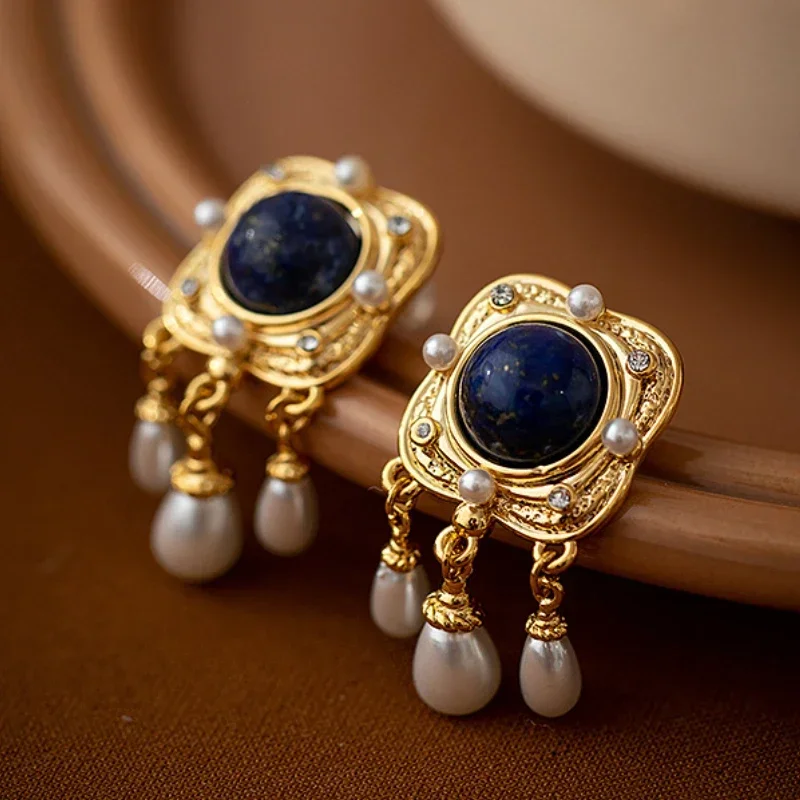 Elegance Lapis Lazuli with Water Drop Pearl Tassel Drop Earrings for Woman Vintage Court Luxury Square Shape Ear Jewelry Gift