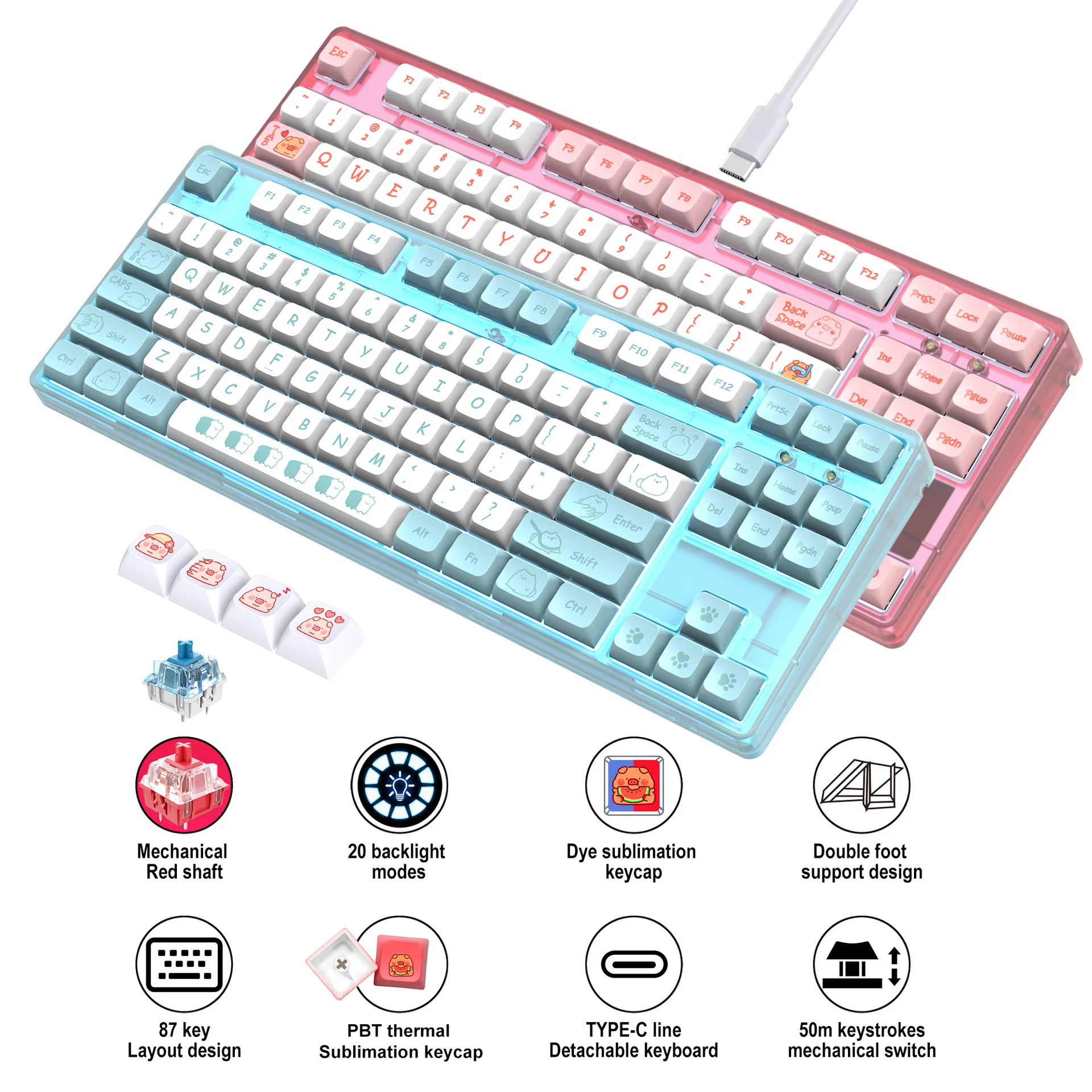 

HXSJ L600-T Cartoon Keycap Gaming Keyboard 87-key Wired Mechanical Keyboard,Thermal Sublimation,Various Backlight Lights