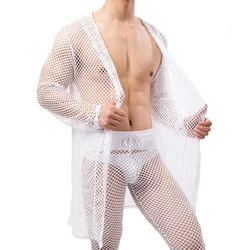 Mens Hollow Out Bathrobe Pants Sets Pajamas Night Robe Dress Gown Male Mesh Nightgown Kimono Bathrobe Sleepwear House Robe Mens