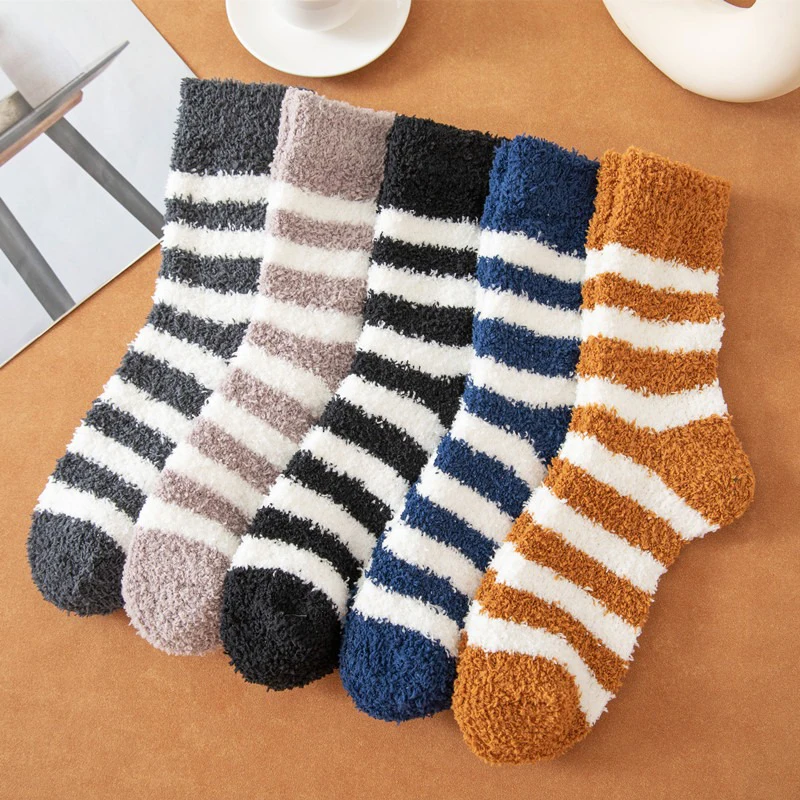 Men Soft Striped Socks Man Fluffy Thick Coral Velvet Socks Male Winter Warm Fashion Floor Terry Towel Fuzzy Sock Mens Meias Soks