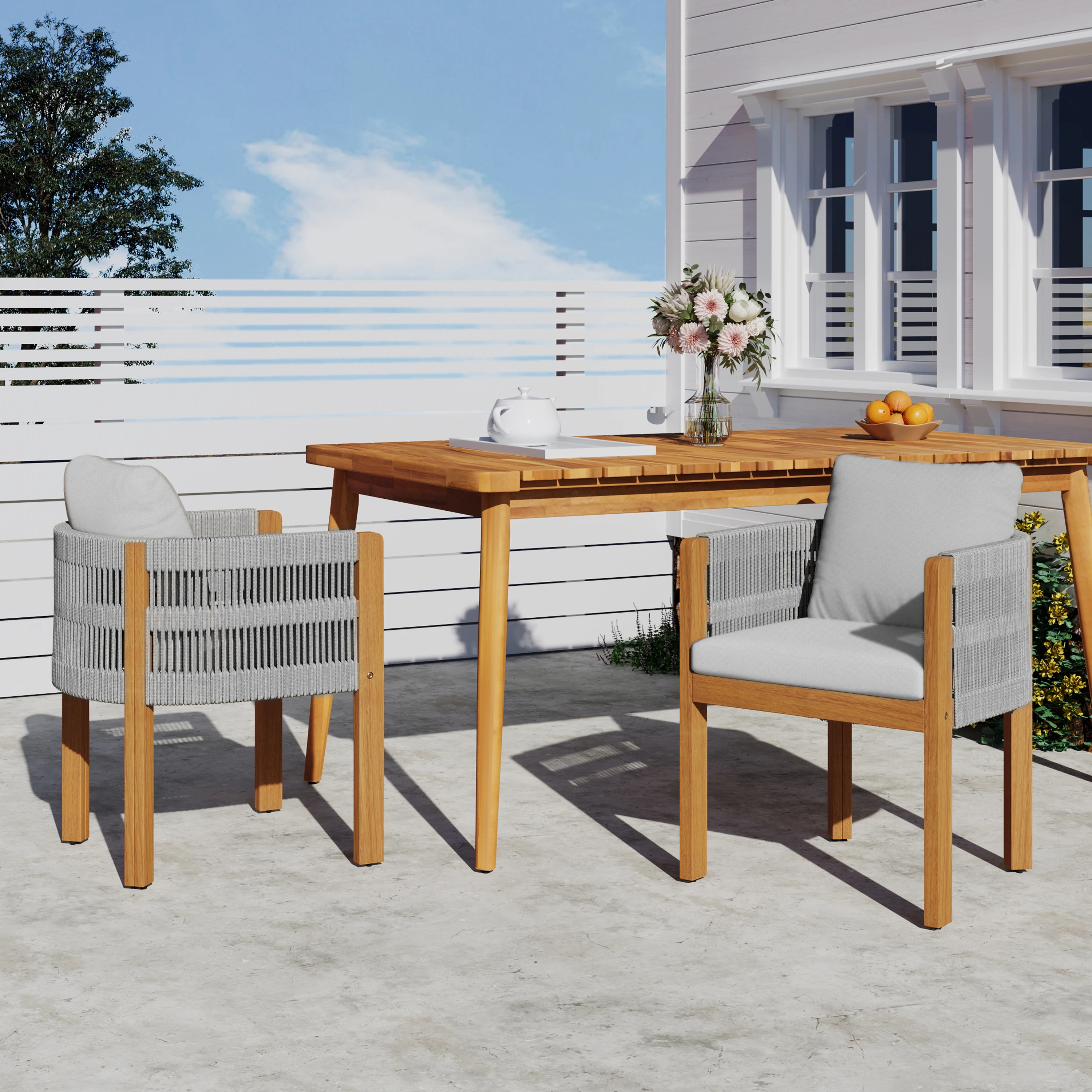 ！@Modern Wood Outdoor Dining Chairs 2-Pack with Grey Rope Handles Washable Waterproof Cushions for Home Office
