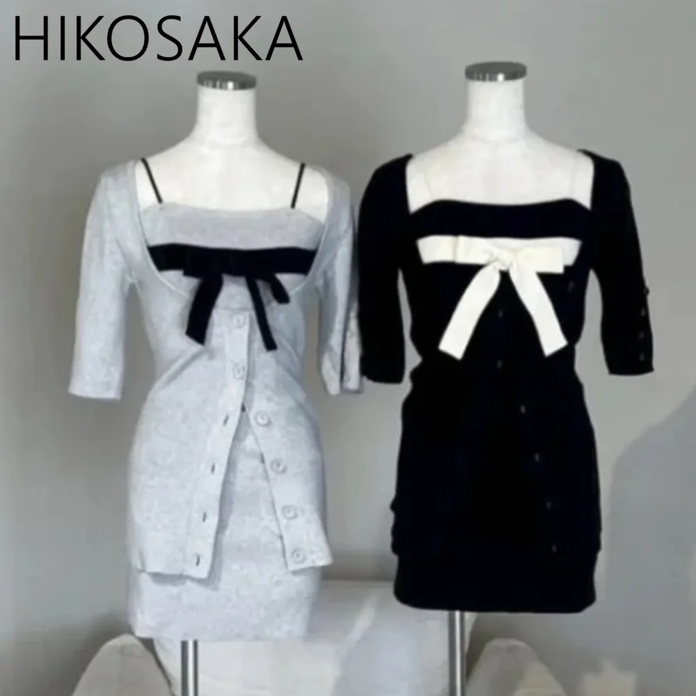 

Japan Style Chic Sweet Three Piece Sets Contrast Color Bow Slim Fit Camisole Single Breasted Cardigan High Waist Skirts Suit