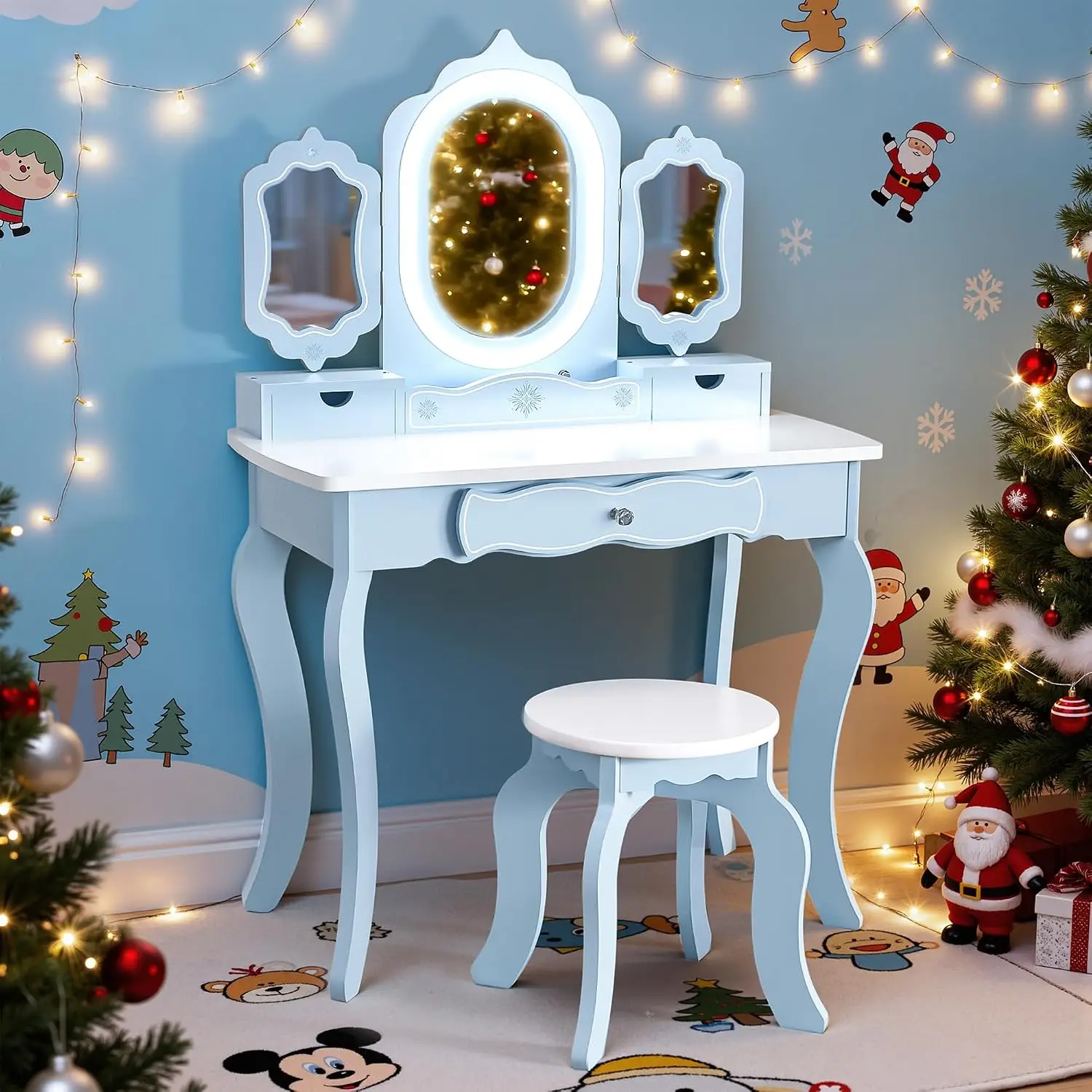 BRINJOY Kids Vanity with Lights, Wooden Princess Makeup Vanity Desk and Stool with Tri-fold Mirror, 2-in-1 Pretend Play Dressing