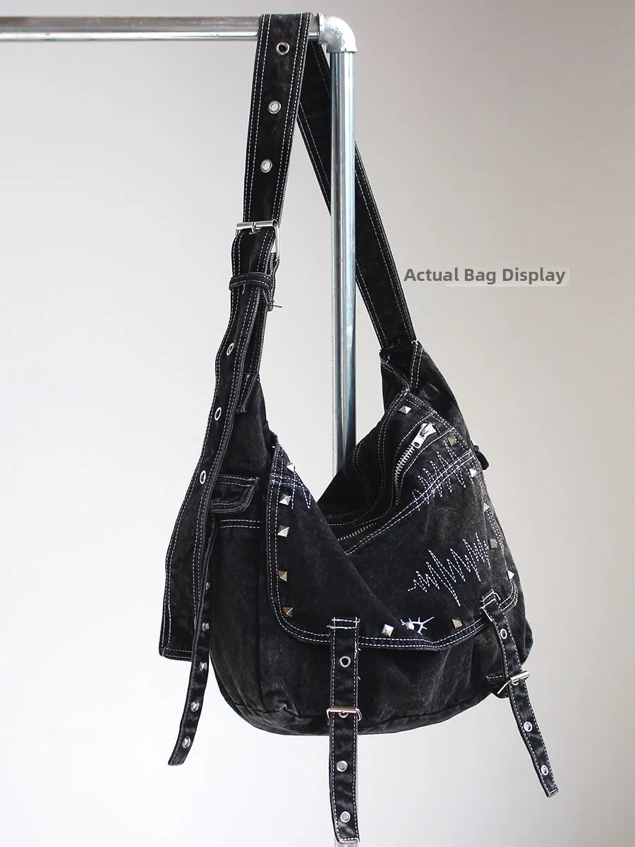 Y2K Washed Denim Tote Bag Unisex Single Shoulder Crossbody Bag Large Capacity Casual Fashion Brand Modern Neutral Style